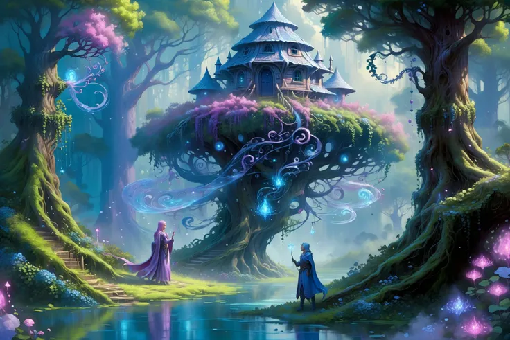 clearing in the forest, elven tree houses, floating_translucent_arcane_swirls, people doing chores, mist, blue_magic_glow, bush, flowers, ivy, vines,  <lora:add-detail-xl:1> misc, <lora:DonMW15pXL:0.6> DonMW15pXL <lora:Retro_Illustration:1> 2d game scene, oil and watercolor painting, (masterpiece:1.2), best quality, (hyperdetailed, highest detailed:1.2), high resolution textures, <lora:EnvyBetterHiresFixXL01:1>