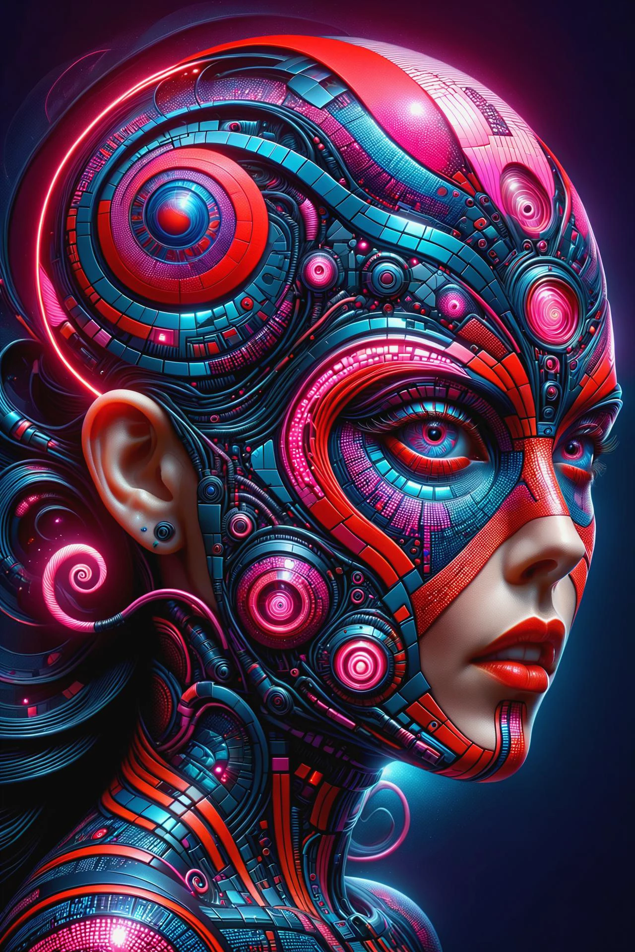 the head of a mad_colored_mosaic cyberpunk woman, DonMW15pXL,neon_red, neon_red, floating arcane astral translucent swirls <lora:Colorful_Mosaic_SDXL:1>  <lora:DonMW15pXL:0.8> ,, <lora:EnvyBetterHiresFixXL01:1>, masterpiece, best quality, ultra high res, (photorealistic, realistic:1.2), deep shadow, raw photo, film grain, Fujifilm XT3, 8k uhd, dslr