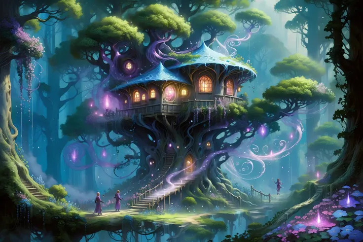 clearing in the forest, elven tree houses, floating_translucent_arcane_swirls, people doing chores, mist, blue_magic_glow, bush, flowers, ivy, vines, <lora:add-detail-xl:1> misc, <lora:DonMW15pXL:0.6> DonMW15pXL <lora:Retro_Illustration:1> 2d game scene, oil and watercolor painting, (masterpiece:1.2), best quality, (hyperdetailed, highest detailed:1.2), high resolution textures, <lora:EnvyBetterHiresFixXL01:1>