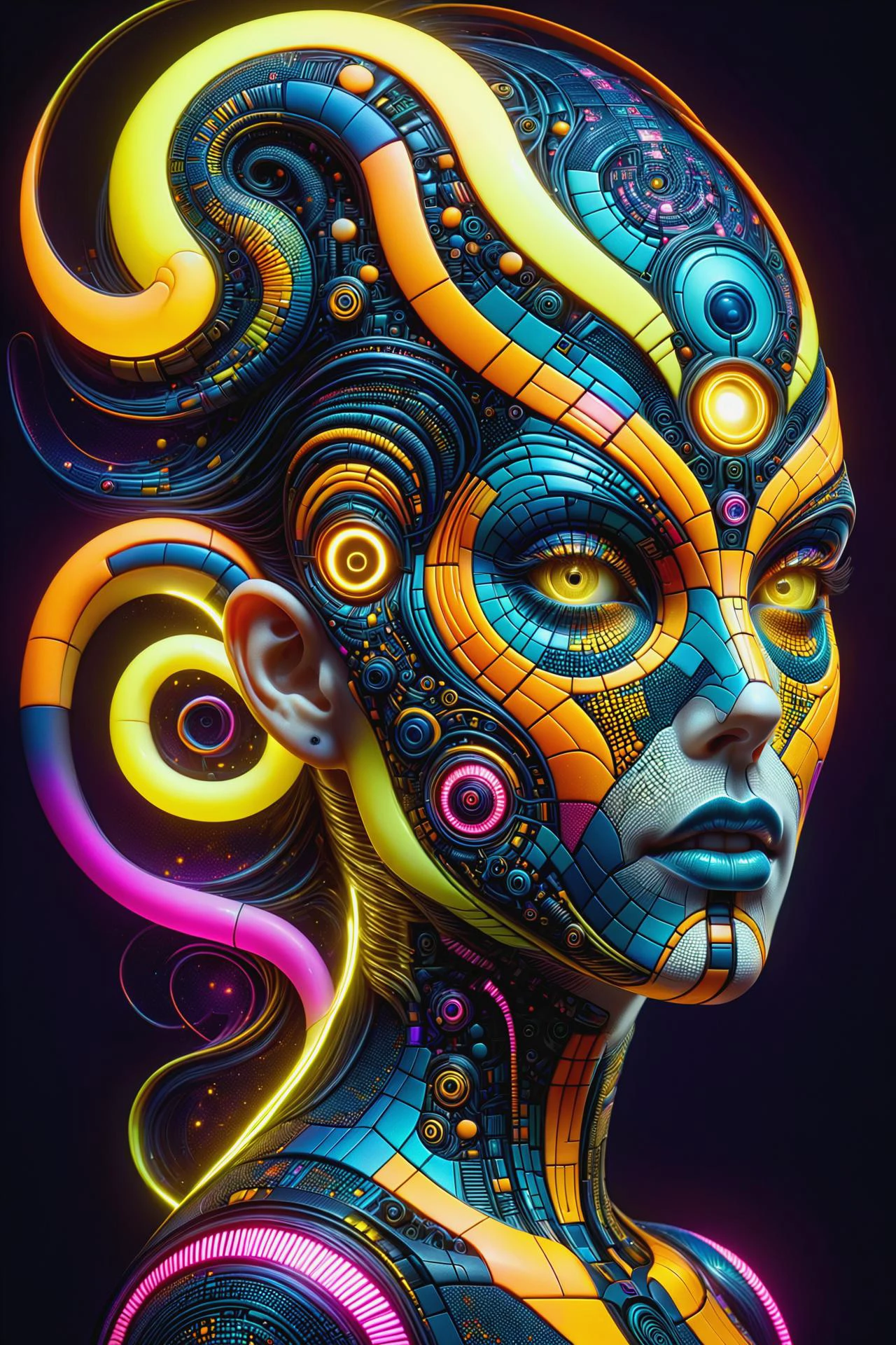 the head of a mad_colored_mosaic cyberpunk woman, DonMW15pXL,neon_yellow, neon_orange, floating arcane astral translucent swirls <lora:Colorful_Mosaic_SDXL:1> <lora:DonMW15pXL:0.8> ,, <lora:EnvyBetterHiresFixXL01:1>, masterpiece, best quality, ultra high res, (photorealistic, realistic:1.2), deep shadow, raw photo, film grain, Fujifilm XT3, 8k uhd, dslr