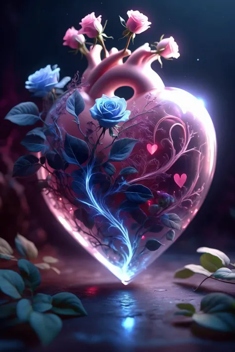 Digital Art,Concept Art,octane rendering,unreal engine,dreamlike scenes,delicate and rich light and color,superb light and shadow effects and color matching,aesthetic and romantic,Surrealistic,magical,fantasist,fantastic,
A glowing [pink|purple] rose and some glowing blue plants in a transparent (heart-shaped:1.5) glass container,
this container in a love story book,extremely romantic mood,nostalgic atmosphere,gentle light and lingering composition,depth of field,<lora:DonMW15pXL-000008:0.8>, DONMW15PXL,