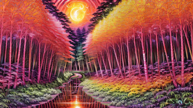 Alex, watercolor, deep lush forest, glowing jungle vortex, ((sunset)), (pink haze), (((very large moon))), (((rows of multicolored trees with glowing leaves))), (((long reflective river))), (psychedelic), ((fluffy neon clouds)), sacred geometry, ((highest quality)), <lora:add_detail:1> hyper detailed, intricate detail, masterpiece, (realistic), (absurdres, highres, ultra detailed), dramatic lighting