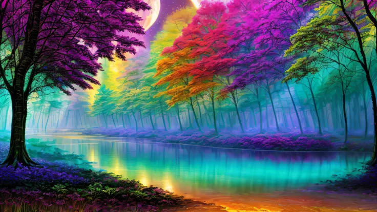 Alex, watercolor, blacklight paint, bright pastel colors, deep lush forest, glowing jungle, (heavy neon misty fog), (very large moon), (((rows of multicolored trees with glowing leaves))), (((long reflective river golden faces))), (psychedelic), ((bright clear sky)), sacred geometry, ((highest quality)), <lora:add_detail:1> hyper detailed, intricate detail, masterpiece, (((realistic))), (absurdres, highres, ultra detailed), dramatic lighting, no humans