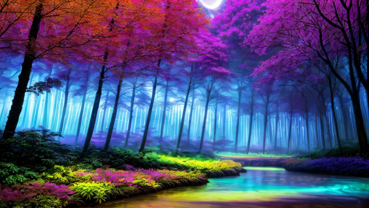 Alex, watercolor, blacklight paint, bright pastel colors, deep lush forest, glowing jungle, (heavy neon misty fog), (very large moon), (((rows of multicolored trees with glowing leaves))), (((long reflective river golden faces))), (psychedelic), ((bright clear sky)), sacred geometry, ((highest quality)), <lora:add_detail:1> hyper detailed, intricate detail, masterpiece, (((realistic))), (absurdres, highres, ultra detailed), dramatic lighting, no humans