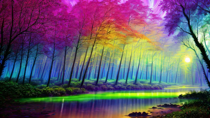 Alex, watercolor, blacklight paint, bright pastel colors, deep lush forest, glowing jungle, (heavy neon misty fog), (very large moon), (((rows of multicolored trees with glowing leaves))), (((long reflective river golden faces))), (psychedelic), ((bright clear sky)), sacred geometry, ((highest quality)), <lora:add_detail:1> hyper detailed, intricate detail, masterpiece, (((realistic))), (absurdres, highres, ultra detailed), dramatic lighting, no humans