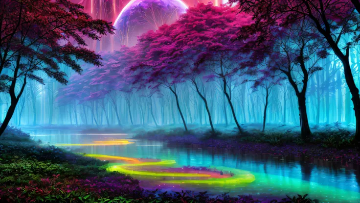 Alex, watercolor, blacklight paint, bright pastel colors, deep lush forest, glowing jungle, (heavy neon misty fog), (very large moon), (((rows of multicolored trees with glowing leaves))), (((long reflective river golden faces))), (psychedelic), ((bright clear sky)), sacred geometry, ((highest quality)), <lora:add_detail:1> hyper detailed, intricate detail, masterpiece, (((realistic))), (absurdres, highres, ultra detailed), dramatic lighting, no humans