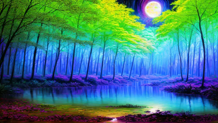 Alex, watercolor, blacklight paint, bright pastel colors, deep lush forest, glowing jungle, (heavy neon misty fog), (very large moon), (((rows of multicolored trees with glowing leaves))), (((long reflective river golden faces))), (psychedelic), ((bright clear sky)), sacred geometry, ((highest quality)), <lora:add_detail:1> hyper detailed, intricate detail, masterpiece, (((realistic))), (absurdres, highres, ultra detailed), dramatic lighting, no humans