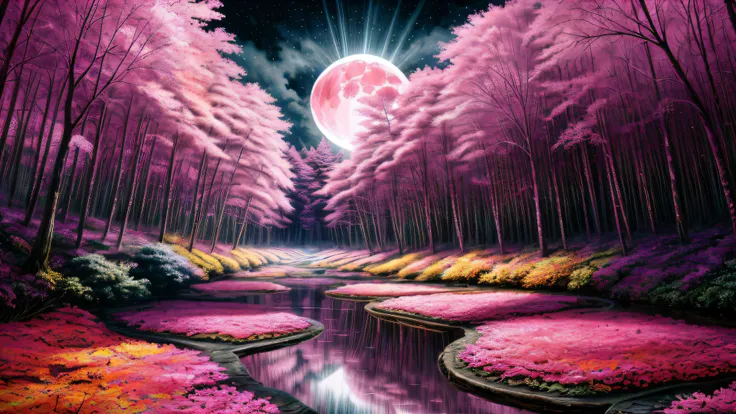 Alex, ink on paper, deep lush forest, fractal jungle, (((heavy pink fog everywhere))), (((very large moon))), X ray vision, (((rows of multicolored trees with glowing leaves))), (((long reflective river))), (psychedelic), ((fluffy neon clouds)), colorful, sacred geometry, ((highest quality)), interwoven, <lora:add_detail:1> hyper detailed, intricate detail, masterpiece, (realistic), (absurdres, highres, ultra detailed), dramatic lighting