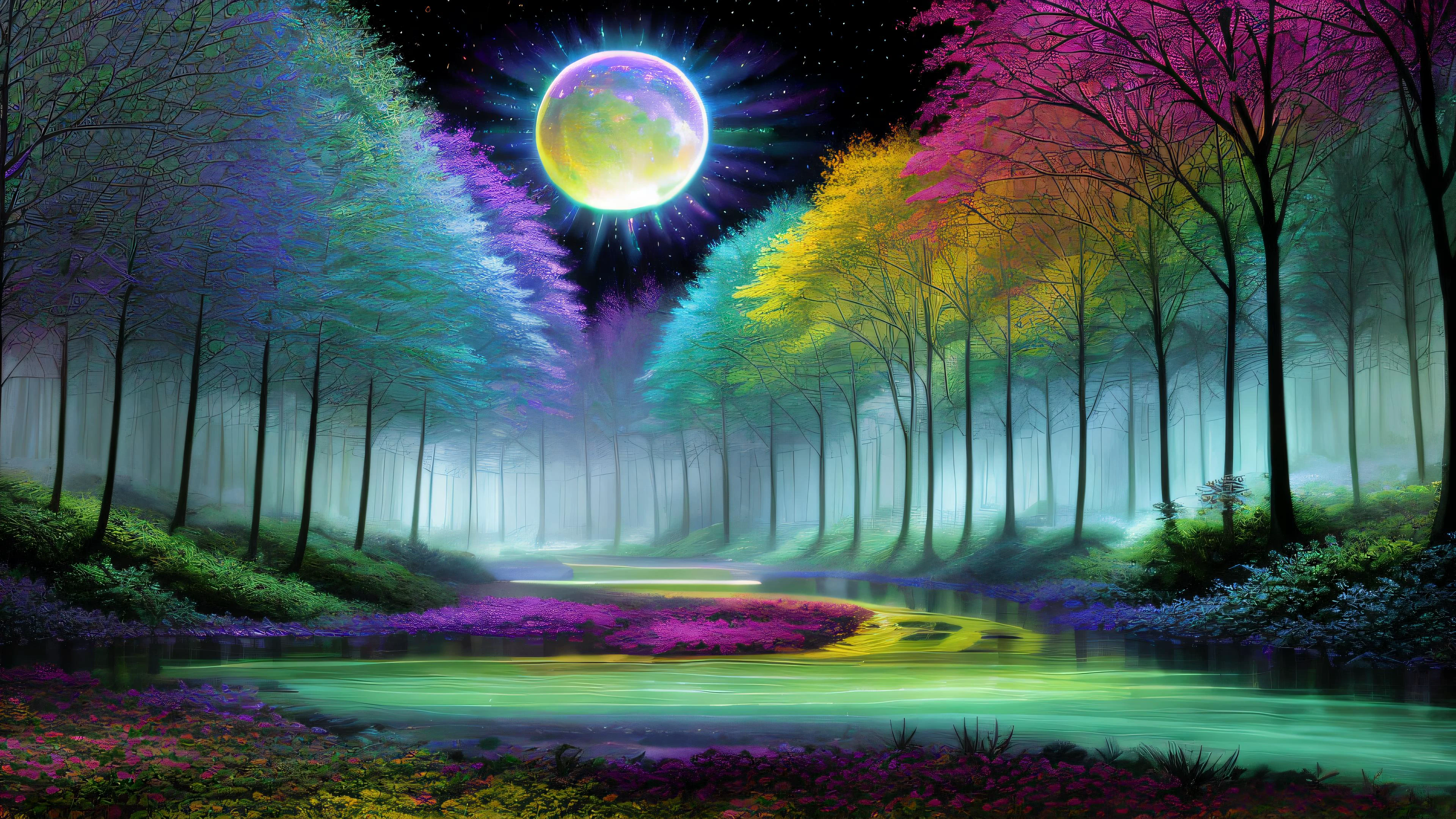 Alex, watercolor, blacklight paint, bright pastel colors, deep lush forest, glowing jungle, (heavy neon misty fog), (very large moon), (((rows of multicolored trees with glowing leaves))), (((long reflective river golden faces))), (psychedelic), ((bright clear sky)), sacred geometry, ((highest quality)), <lora:add_detail:1> hyper detailed, intricate detail, masterpiece, (((realistic))), (absurdres, highres, ultra detailed), dramatic lighting, no humans