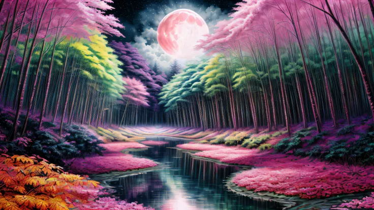 Alex, ink on paper, deep lush forest, hugging, Foreheads Touching, jungle, (((heavy pink fog))), (((very large moon))), X ray vision, (((rows of multicolored trees with glowing leaves))), (((long reflective river))), (psychedelic), ((fluffy neon clouds)), colorful, sacred geometry, ((highest quality)), interwoven, <lora:add_detail:1> hyper detailed, intricate detail, masterpiece, (realistic), (absurdres, highres, ultra detailed)