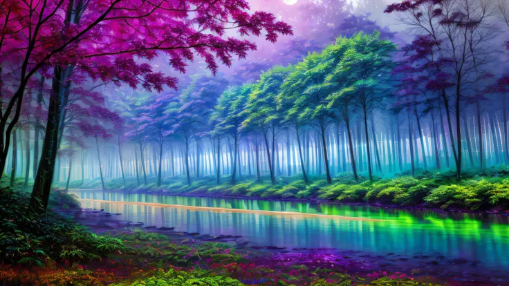 Alex, watercolor, blacklight paint, bright pastel colors, deep lush forest, glowing jungle, (heavy neon misty fog), (very large moon), (((rows of multicolored trees with glowing leaves))), (((long reflective river golden faces))), (psychedelic), ((bright clear sky)), sacred geometry, ((highest quality)), <lora:add_detail:1> hyper detailed, intricate detail, masterpiece, (((realistic))), (absurdres, highres, ultra detailed), dramatic lighting, no humans