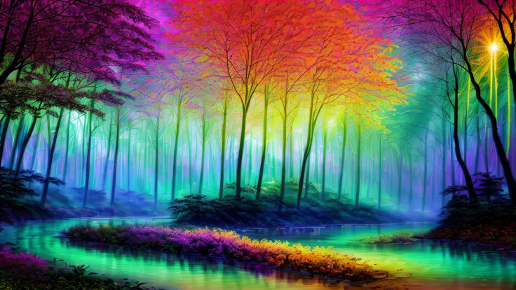 Alex, watercolor, blacklight paint, bright pastel colors, deep lush forest, glowing jungle, (heavy neon misty fog), (very large moon), (((rows of multicolored trees with glowing leaves))), (((long reflective river golden faces))), (psychedelic), ((bright clear sky)), sacred geometry, ((highest quality)), <lora:add_detail:1> hyper detailed, intricate detail, masterpiece, (((realistic))), (absurdres, highres, ultra detailed), dramatic lighting, no humans