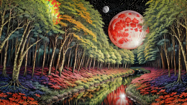 Alex, ink on paper, deep lush forest, jungle, twilight, (((very large moon))), (((rows of multicolored trees with glowing leaves))), (((long reflective river))), (psychedelic), ((fluffy neon clouds)), colorful, sacred geometry, ((highest quality)), (death bed infinite cave), <lora:add_detail:1> hyper detailed, intricate detail, masterpiece, (realistic), (absurdres, highres, ultra detailed), dramatic lighting