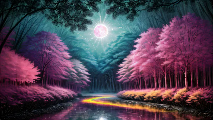 Alex, ink on paper, deep lush forest, fractal jungle, (((heavy pink fog everywhere))), (((very large moon))), X ray vision, (((rows of multicolored trees with glowing leaves))), (((long reflective river))), (psychedelic), ((fluffy neon clouds)), colorful, sacred geometry, ((highest quality)), interwoven Molecule, <lora:add_detail:1> hyper detailed, intricate detail, masterpiece, (realistic), (absurdres, highres, ultra detailed), dramatic lighting