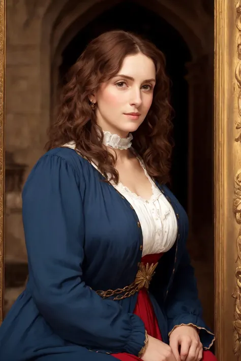 ((A professional high quality pre-Raphaelite painting)), ((high quality, 4k, realistic anatomy, realistic face, high detailed face, high detailed skin)), (medieval period nobility), (beautiful mature 46 years old French woman), ((modest clothing)), (busty), very long curly hair, (visible pores), focus on the eyes, shy smile, ((chubby body)), corridor background, (angular face, slightly masculine feature face), half body, sitting pose, ((DSLR lighting)), (high detailed skin:1.2), <lora:epiNoiseoffset_v2:1>, ((A professional high quality pre-Raphaelite painting)), ((high quality, 4k, realistic anatomy, realistic face, high detailed face, high detailed skin)), (medieval period nobility), (beautiful mature 46 years old French woman), ((modest clothing)), (busty), very long curly hair, (visible pores), focus on the eyes, shy smile, ((chubby body)), corridor background, (angular face, slightly masculine feature face), half body, sitting pose, ((DSLR lighting)), (high detailed skin:1.2), <lora:epiNoiseoffset_v2:1>