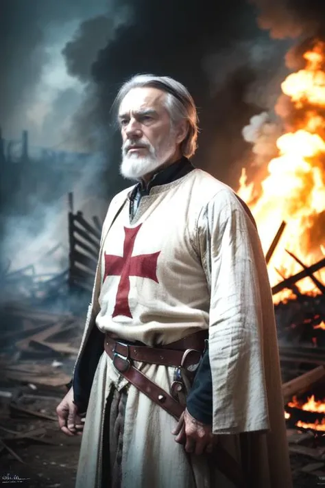 oil on canvas, (absurdres, highres, ultra detailed), ((Best quality)), ((masterpiece)), ((realistic)), masterpiece, high quality, victorian, close up portrait of old man with grey beard wearing templar clothes, white tunic with red cross on chests, standing in front of a burning castle, stunning environment, <lora:templar:1>