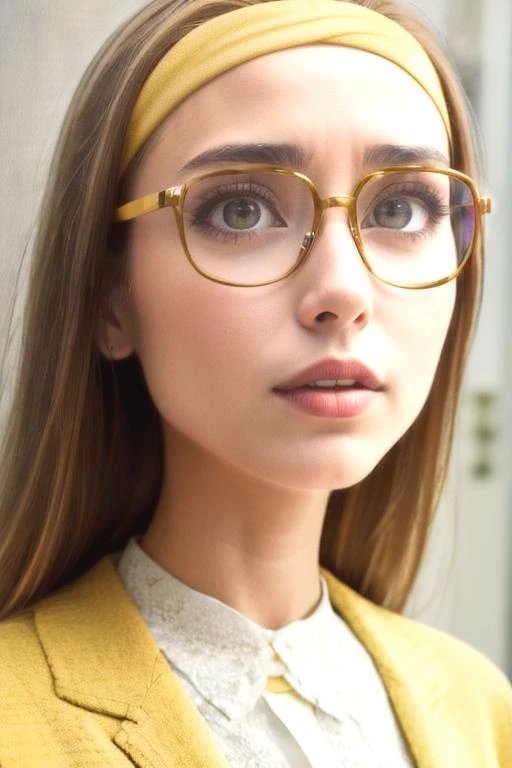 oil on canvas, (absurdres, highres, ultra detailed), ((Best quality)), ((masterpiece)), ((realistic)), masterpiece, high quality, victorian, <lora:VRAMsHoneyLemon640:0.5>, 1girl, xyzhoneylemon, long hair, portrait, glasses, masterpiece, hairband, blonde hair, yellow dress, yellow lab coat, white leggings, closeup