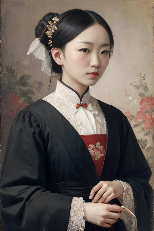 oil on canvas, (absurdres, highres, ultra detailed), Victorian,  ((Best quality)), ((masterpiece)), ((realistic)), Transcendent chinese femininity,  ethereal grace, masterpiece, high quality, love, hope, grace,   <lyco:GoodHands-beta2:1.0>