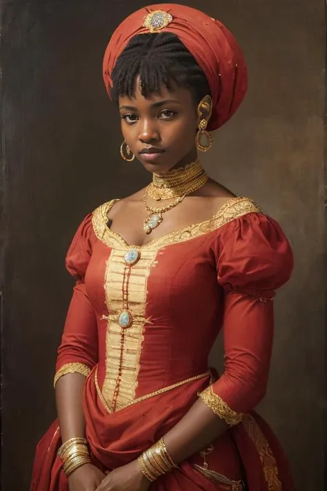 A woman in a red dress and gold jewelry poses for a photo - SeaArt AI
