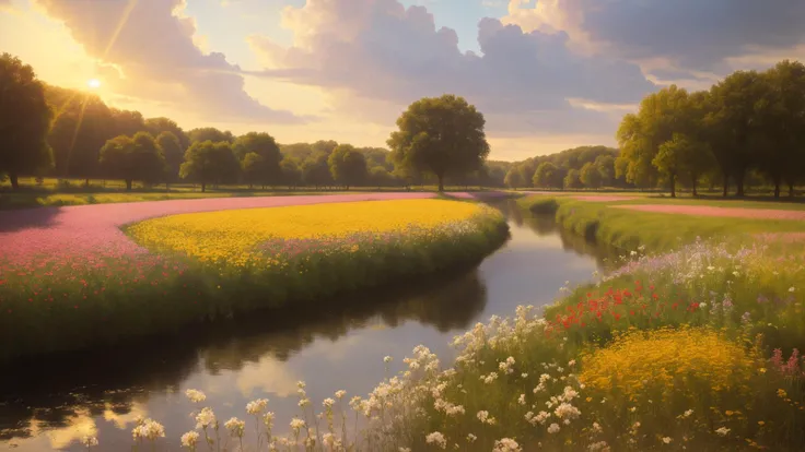 Oil painting, (masterpiece, best quality, highres :1.21) (masterpiece, top quality, best quality, official art, beautiful and aesthetic:1.2) , rembrandt, rembrandt style,davinci, davinci style, soft natural lighting, outdoors, a field of blooming flowers near a river, romantic, realism, photorealism, golden hour lighting, divine, god rays, <lyco:GoodHands-beta2:1.0>