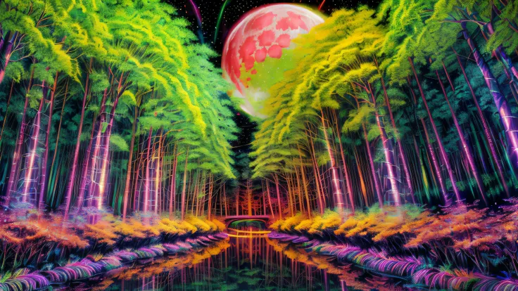 Alex, watercolor, blacklight paint, bright pastel colors, deep lush forest, glowing jungle, (heavy neon misty fog), (very large moon), (((rows of multicolored trees with glowing leaves))), (((long reflective river golden faces))), (psychedelic), ((bright clear sky)), sacred geometry, ((highest quality)), <lora:add_detail:1> hyper detailed, intricate detail, masterpiece, (((realistic))), (absurdres, highres, ultra detailed), dramatic lighting, no humans