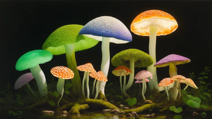 Oil painting, (masterpiece, best quality, highres :1.21) (masterpiece, top quality, best quality, official art, beautiful and aesthetic:1.2) , fungal, bioluminescent, magical glowing plants, magical glowing fungi,