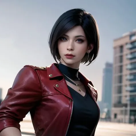 solo, 1girl, short hair, weapon, sword, brown eyes, brown hair, necklace, realistic, jacket, looking at viewer, breasts, upper body, red jacket, jewelry, black hair, dante (devil may cry), closed mouth, lips, <lora:sxz-ada:0.6>
