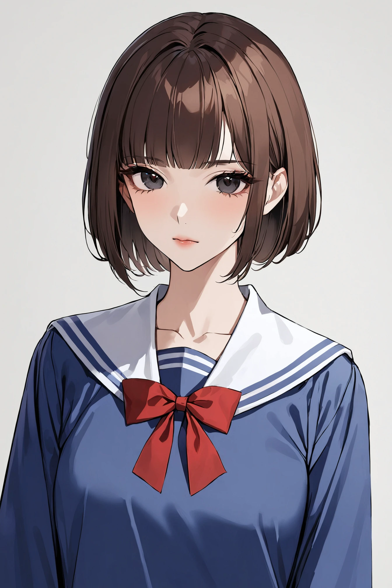 1girl, bangs, black eyes, black hair, blue shirt, blue skirt, bow, bowtie, brown hair, fashi-g, closed mouth, long sleeves, looking at viewer, medium hair, pleated skirt, red bow, red bowtie, sailor collar, school uniform, serafuku, shirt, short hair, skirt, solo, white background,(masterpiece:1.5),(best quality:1.2), <lora:fashigirl-v1-sdxl-lokr-9ep:0.8>
