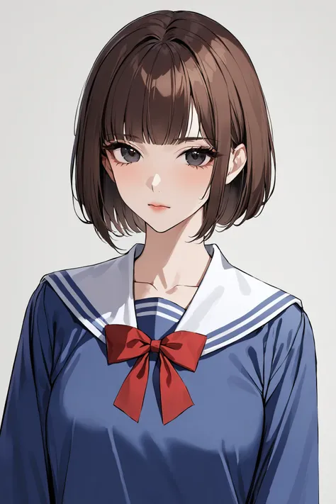 1girl, bangs, black eyes, black hair, blue shirt, blue skirt, bow, bowtie, brown hair, fashi-g, closed mouth, long sleeves, looking at viewer, medium hair, pleated skirt, red bow, red bowtie, sailor collar, school uniform, serafuku, shirt, short hair, skirt, solo, white background,(masterpiece:1.5),(best quality:1.2), <lora:fashigirl-v1-sdxl-lokr-9ep:0.8>