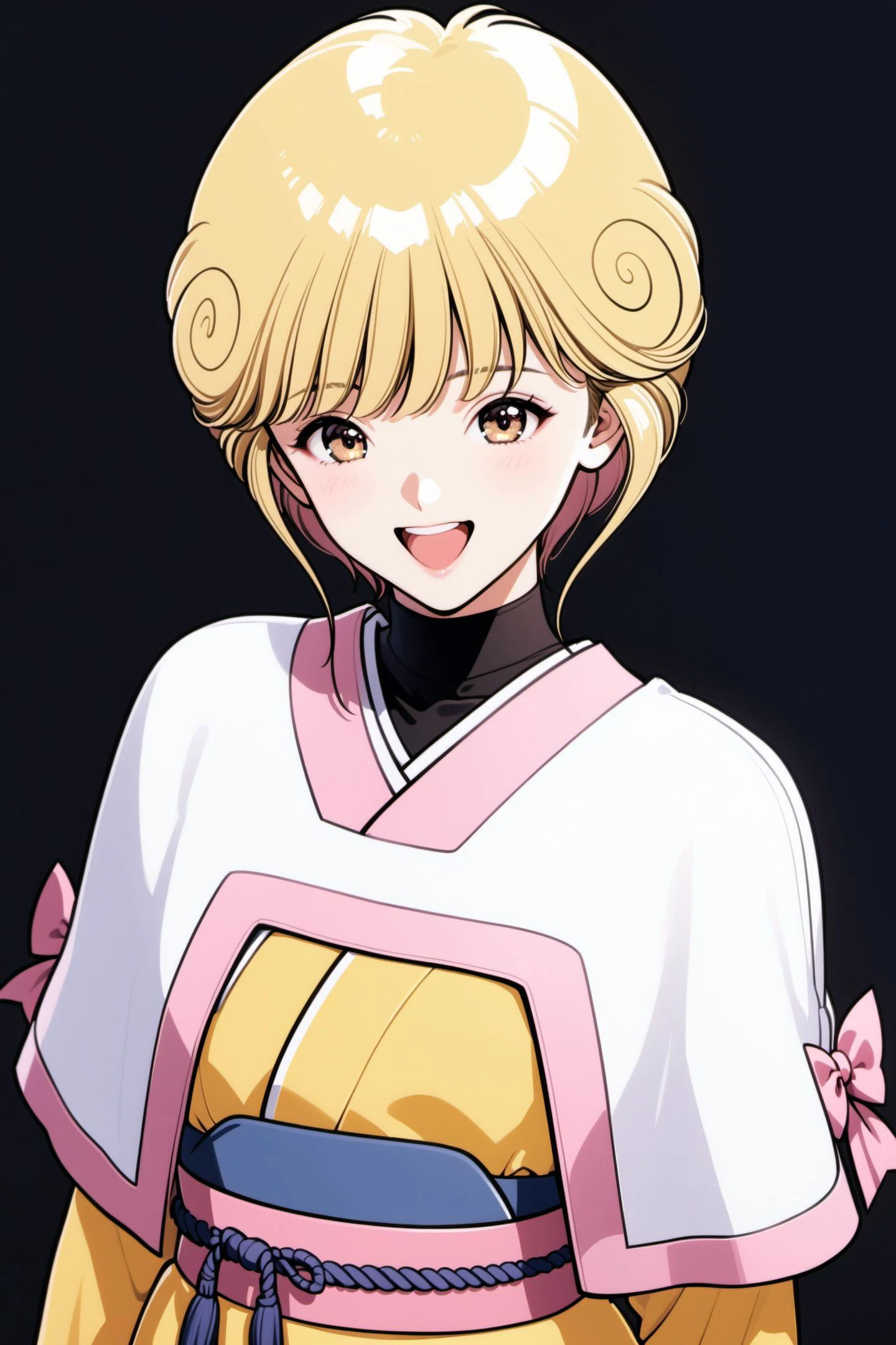 Ai Amano,1girl,solo,short hair,blonde hair,smile,open mouth,brown eyes,yellow short kimono white pantyhose white capelet pink obi pink bow,simple background,upper body,black background,<lora:Katsura Masakazu_XL:0.8>,
