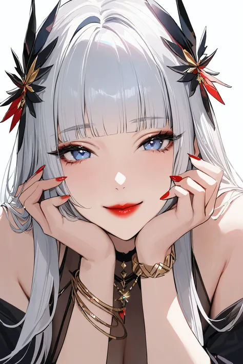 1girl, solo, long hair, looking at viewer, smile, blue eyes, hair ornament, white background, jewelry, white hair, closed mouth, blunt bangs, nail polish, bracelet, lips, grey eyes, portrait, red nails, close-up, red lips, hands on own face, hands on own cheeks,(masterpiece:1.5),(best quality:1.2),[cute]