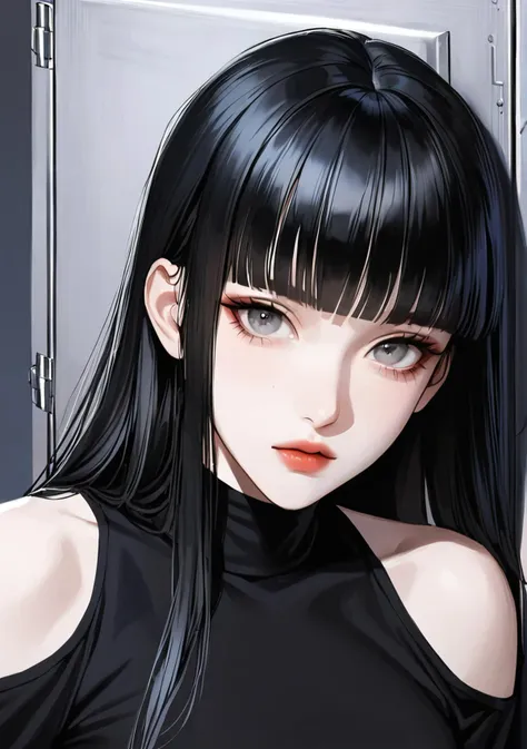 1girl,solo,long hair,looking at viewer,shirt,black hair,upper body,blunt bangs,black shirt,grey eyes,portrait,hair behind ear,shoulder cutout,safe,realistic,<lora:fashigirl-v2-sdxl-7ep:0.7>,