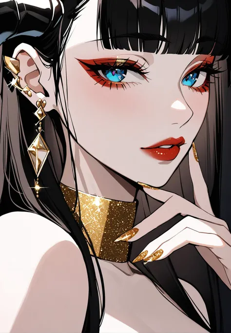 1girl,
solo,looking at viewer,blue eyes,black hair,large breasts,mature female,jewelry,earrings,eyelashes,sparkle,makeup,portrait,lipstick,close-up,eyeshadow,red lips,eye focus,glitter,fingernails,long hair,black collar,hand up,red eyeshadow,bare shoulders,gold collar,nail polish,collar,close-up,black horns,upper body,smeared lipstick,curled horns,blunt bangs,multiple earrings,dragon horns,nose,straight hair,lips,hair over eyes,lipgloss,parted lips,nostrils,glitter makeup,
masterpiece,newest,absurdres,sensitive,very aesthetic,<lora:fashigirl-v2-sdxl-7ep:0.65>,