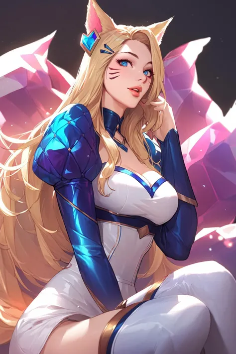 1girl,ahri \(league of legends\),solo,long hair,looking at viewer,blue eyes,large breasts,blonde hair,long sleeves,hair ornament,animal ears,sitting,parted lips,puffy sleeves,fox ears,facial mark,juliet sleeves,whisker markings,k/da \(league of legends\),sensitive,very aesthetic,absurdres,newest,masterpiece,score_9,score_8_up,score_7_up,score_6_up,score_5_up,score_4_up,