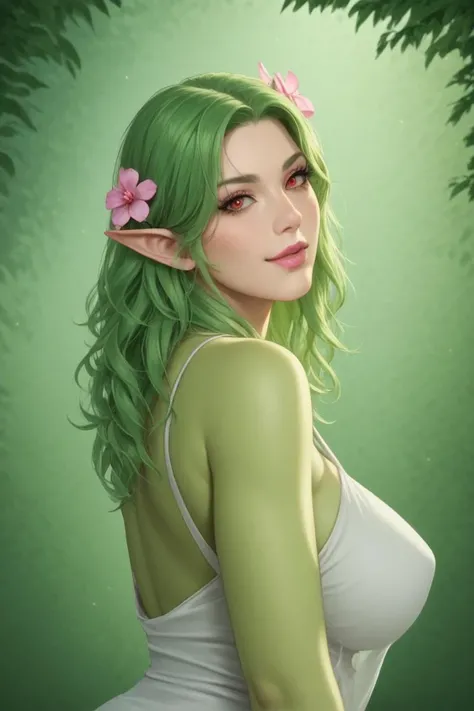 fantasy scene, zPDXL2, score_9, score_8_up, score_7_up, Expressiveh, rating_safe, pin up art, realistic photography, voluptuous buxom 40 year old milf dragongirl in a Ethereal forest, (green skin, green hair with pink flower:1.2), pointy ears, pink lipstick, big lips, large natural breasts, flirting eyes, blue silk tank top romper, red eyes, smug facial expression, posing, realistic