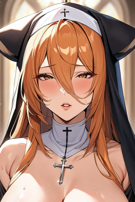 1girl, mature female, solo, long hair, looking at viewer, blush, animal ears, hair between eyes, brown eyes, jewelry, collarbone, upper body, nude, sweat, parted lips, necklace, orange hair, lips, half-closed eyes, cross, nun, habit, cross necklace,masterpiece, best quality,shiny,shiny skin