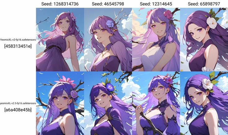 1girl,solo,long hair,looking at viewer,hair ornament,dress,purple eyes,upper body,purple hair,flower,teeth,cloud,blue sky,purple dress,branch,sensitive,very aesthetic,absurdres,newest,masterpiece,score_9,score_8_up,score_7_up,score_6_up,score_5_up,score_4_up,