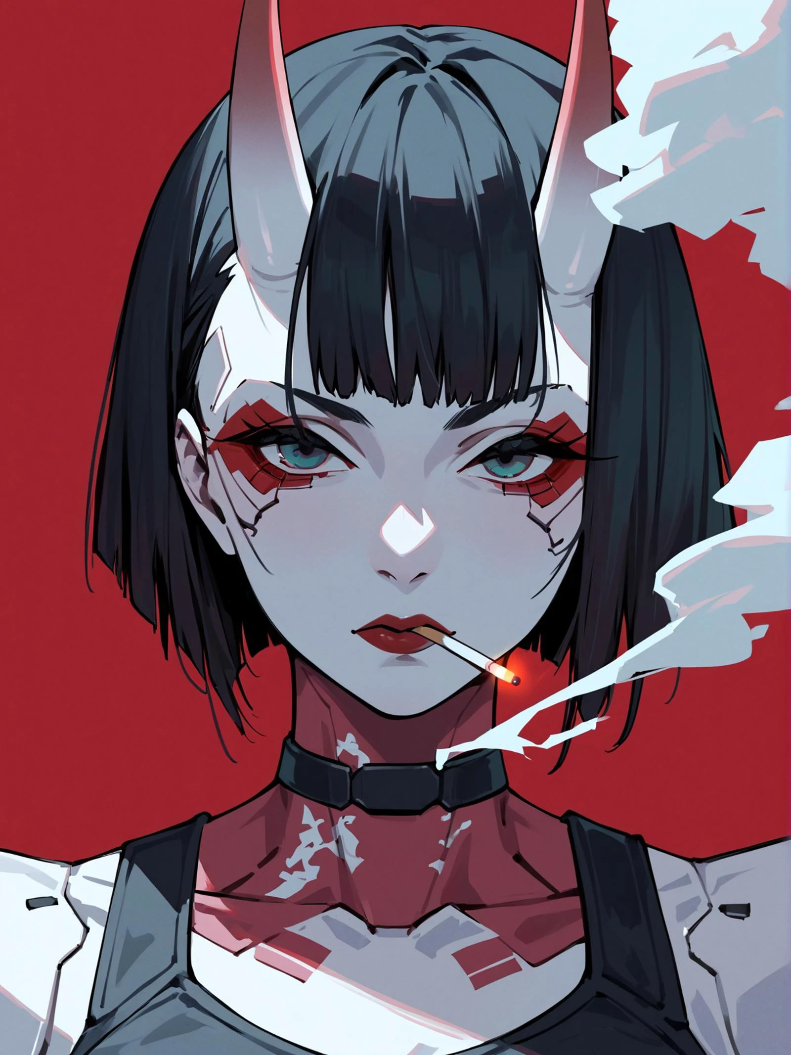 1girl, solo, cigarette, smoke, short hair, horns,mecha musume, looking at viewer, black hair, oni horns,red theme, choker, red background, smoking, cyborg, makeup, cyberpunk, oni, upper body, bob cut, shirt,science fiction,(cyberpunk:1.22),general,very aesthetic,absurdres,newest,masterpiece,score_9,score_8_up,score_7_up,score_6_up,score_5_up,score_4_up,