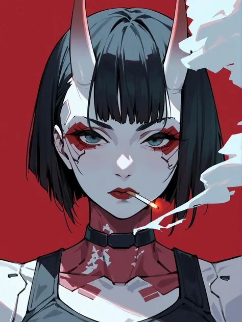 1girl, solo, cigarette, smoke, short hair, horns,mecha musume, looking at viewer, black hair, oni horns,red theme, choker, red background, smoking, cyborg, makeup, cyberpunk, oni, upper body, bob cut, shirt,science fiction,(cyberpunk:1.22),general,very aesthetic,absurdres,newest,masterpiece,score_9,score_8_up,score_7_up,score_6_up,score_5_up,score_4_up,