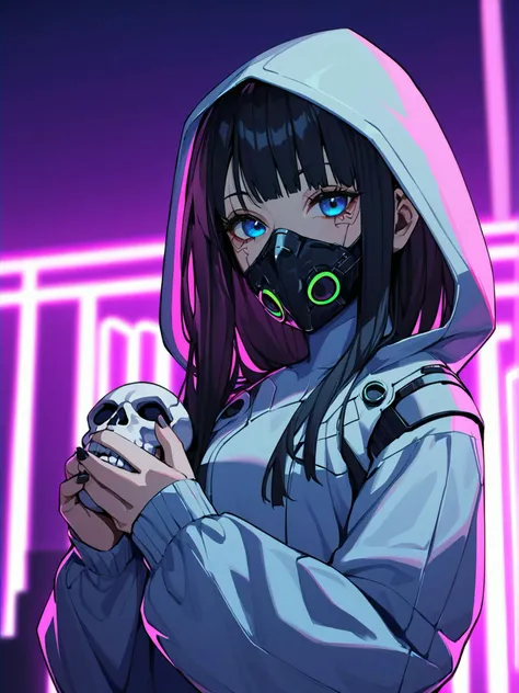 1girl, solo, mask, looking at viewer, long hair, skull, upper body, black hair, mouth mask, holding, blue eyes, long sleeves, hood, pink background, holding skull, halftone, cable,neon lights,(cyberpunk:1.2), general,very aesthetic,absurdres,newest,masterpiece,score_9,score_8_up,score_7_up,score_6_up,score_5_up,score_4_up,