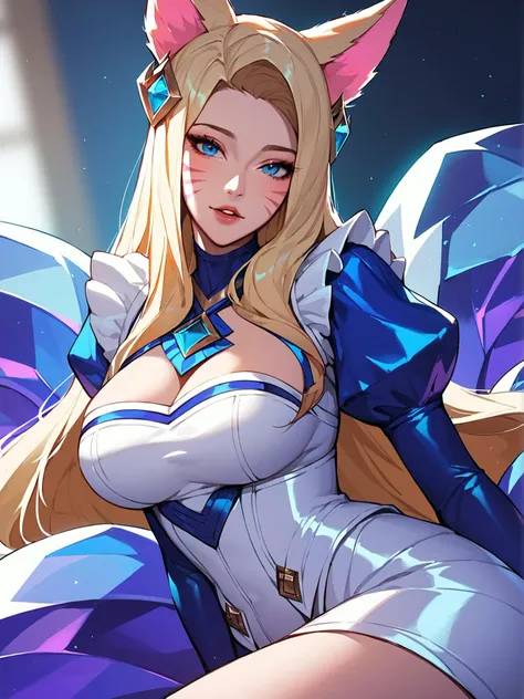 1girl,ahri \(league of legends\),solo,long hair,looking at viewer,blue eyes,large breasts,blonde hair,long sleeves,hair ornament,animal ears,sitting,parted lips,puffy sleeves,fox ears,facial mark,juliet sleeves,whisker markings,k/da \(league of legends\),sensitive,very aesthetic,absurdres,newest,masterpiece,score_9,score_8_up,score_7_up,score_6_up,score_5_up,score_4_up,