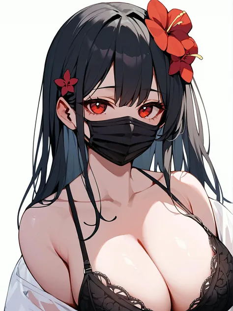 1girl, solo, long hair, looking at viewer, large breasts, black hair, hair ornament, white background, red eyes, cleavage, bare shoulders, underwear, white shirt, upper body, hair flower, off shoulder, see-through, black bra, mouth mask, black mask, sensitive,score_9,score_8_up,score_7_up,score_6_up,score_5_up,score_4_up,