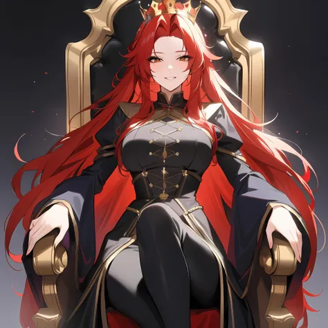 (masterpiece:1.5),(best quality:1.2),1 girl,royal,red hair,wild hair,long hair,noble clothing,medival,sitting on a throne,crown,black pants,black clothing,gold clothing,front view,smile