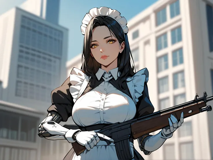 1girl,solo,long hair,looking at viewer,large breasts,black hair,holding,closed mouth,upper body,yellow eyes,outdoors,frills,white gloves,holding weapon,lips,gun,maid,maid headdress,holding gun,building,rifle,mechanical arms,over shoulder,weapon over shoulder,single mechanical arm,sensitive,(mature female),score_9,score_8_up,score_7_up,score_6_up,score_5_up,score_4_up,