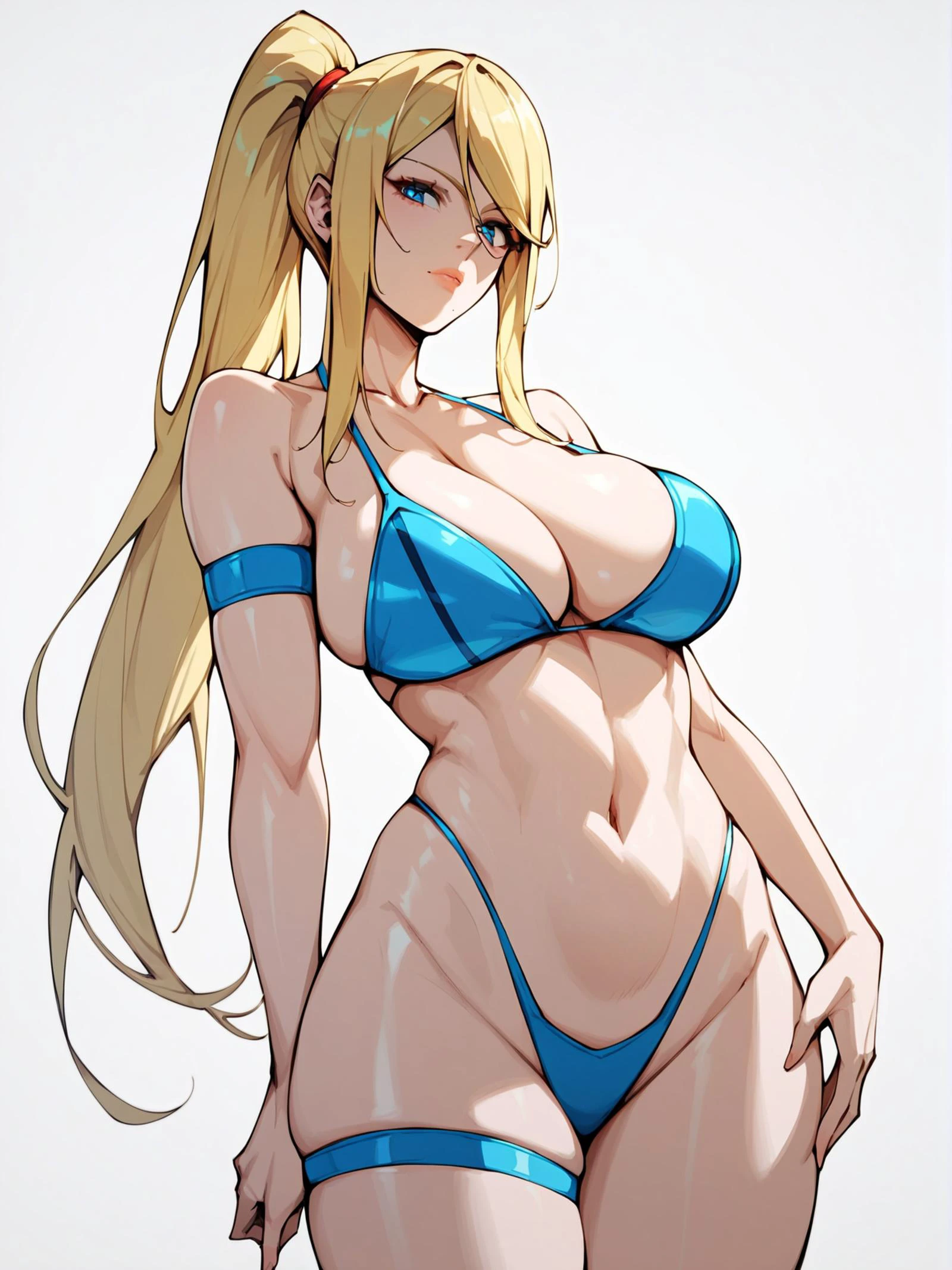 1girl, samus aran, solo, long hair, looking at viewer, blue eyes, large breasts, blonde hair, white background, navel, closed mouth, cleavage, bare shoulders, very long hair, collarbone, swimsuit, ponytail, thighs, cowboy shot, stomach, lips, thigh strap, skindentation, highleg, thigh gap, blue bikini, highleg bikini, arm strap, sensitive,score_9,score_8_up,score_7_up,score_6_up,score_5_up,score_4_up,