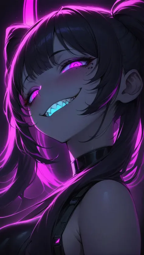 , masterpiece, best quality, 1girl, big teeth, twin ponytails, big smile, big mouth, (closed mouth:1.5), long hair, closed teeth, black hair, sharp teeth, crazy eyes, purple eyes, creepy, horror theme, glowing eyes, glowing teeth, neon teeth, purple teeth, purple neon, back lighiting, cyberpunk, (half-closed eyes:1.4), evil eyes, close-up, detailed face, <lora:add-detail-xl:1>, <lora:Neon_Style_XL:0.75>, neonstyle
