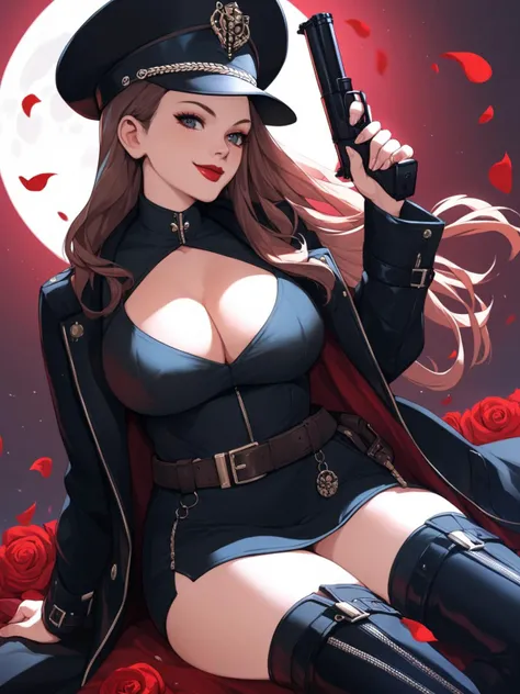 1girl, solo, long hair, looking at viewer, smile, large breasts, brown hair, holding, closed mouth, cleavage, sitting, jacket, flower, belt, black thighhighs, holding weapon, black dress, coat, gun, black headwear, petals, rose, thigh boots, moon, red flower, holding gun, handgun, military hat, red lips, sensitive,very aesthetic,absurdres,newest,masterpiece,score_9,score_8_up,score_7_up,score_6_up,score_5_up,score_4_up,