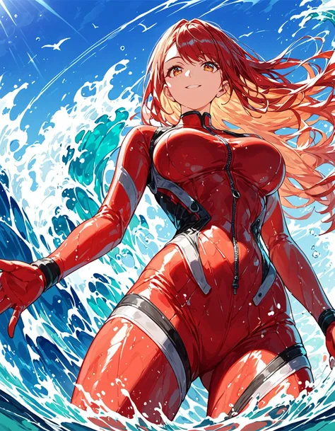 score_9, score_8_up, score_7_up, source_anime, 1woman portrait,apparel model, large breasts, cowboy shot, dutch angle, from below, surfer woman wearing red wetsuit, at golden hour in summer, wave, ocean and coast, perfect anatomy, light smile, global illumination, perfect female proportion, <lora:offset_0.2:0.1>,<lora:Hyper-SDXL-12steps-CFG-lora_rank1:1>, <lora:spo_sdxl_10ep_4k-data_lora_webui:1>