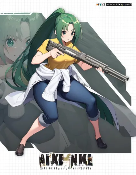 late, 1girl, Mion Sonozaki, green hair, green eyes, ponytail, yellow tee, white clothes around waist, jeans, <lora:MionXL:1> , <lora:NikkeProfileXL:1>, IncrsNikkeProfile, full body, zoom layer, holding weapon, holding gun, one knee