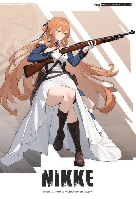 1girl, solo, springfield \(girls' frontline\) girls' frontline, long hair, ginger hair, green eyes, white dress, hatching \(texture\), long dress, military jacket, blue jacket, long sleeves, neck ribbon, belt, sash, white gloves, brown footwear, lace-up boots, IncrsNikkeProfile, full body, zoom layer, holding weapon, holding gun, rifle, bolt action, one knee, masterpiece, best quality, <lora:nicole_demara:0.9>, <lora:NikkeProfileXL:0.9>